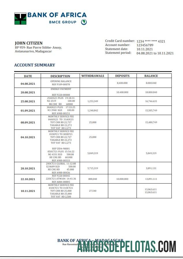 Madagascar Bank Of Africa extrato bancário amostra